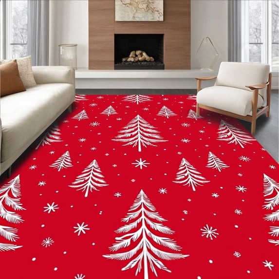 ODIKA 6'x9' Machine Washable Non-Slip Area Rug, Enchanted Winter Forest Scene with Stylized Trees and Falling Snow Motifs High Traffic Rug, Red, 611548