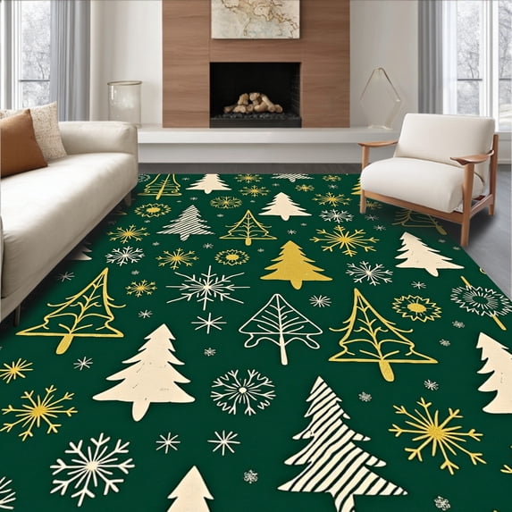 ODIKA 6'x9' Machine Washable Non-Slip Area Rug, Enchanted Yuletide Tree and Twinkling Flake Collage High Traffic Rug, Green, 621295