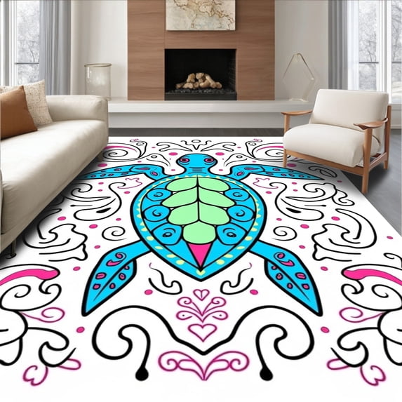 ODIKA 6'x9' Machine Washable Non-Slip Area Rug, Enchanting Creature Hook Art Kit Wall Decoration High Traffic Rug with Pad, Blue, 726574