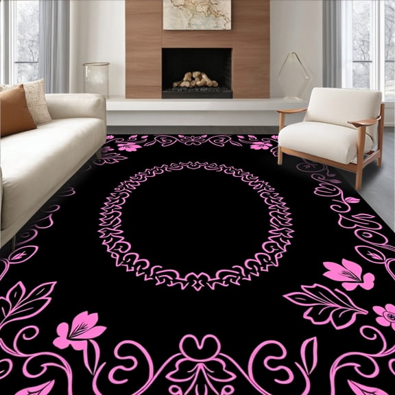 ODIKA 6'x9' Machine Washable Non-Slip Area Rug, Enchanting Mystical Garden Labyrinth Swirls Elegant Petals High Traffic Rug, Pink, 464534
