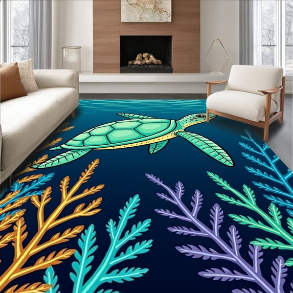 ODIKA 6'x9' Machine Washable Non-Slip Area Rug, Exotic Lagoon Endangered Species Conservation Entrance High Traffic Rug, Blue, 718110