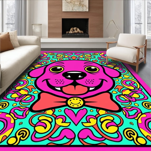 ODIKA 6'x9' Machine Washable Non-Slip Area Rug, Expressive Puppy Face Motif Surrounded by Colorful Spirals and Accents High Traffic Rug, Pink, 728092