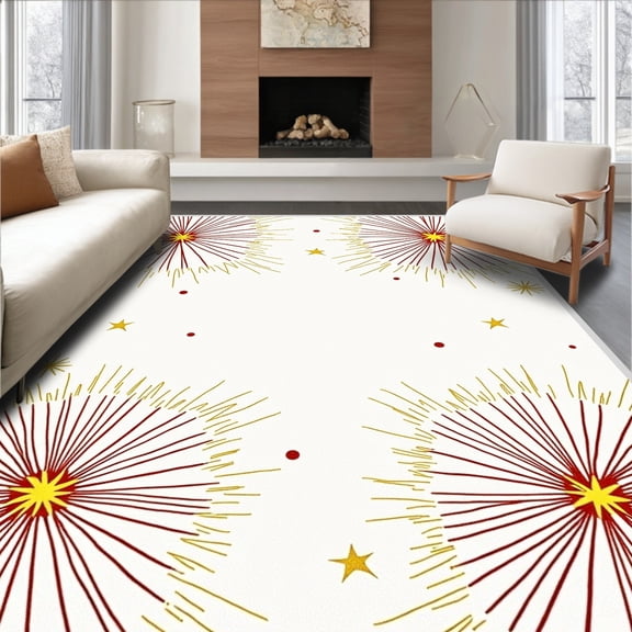 ODIKA 6'x9' Machine Washable Non-Slip Area Rug, Festive Burst Half Moon with Radiant Holiday Celebration High Traffic Rug, White, 663064