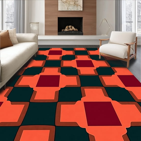 ODIKA 6'x9' Machine Washable Non-Slip Area Rug, Festive Cabin Checkboard Rustic Woodland Grid High Traffic Rug with Pad, Orange, 621183