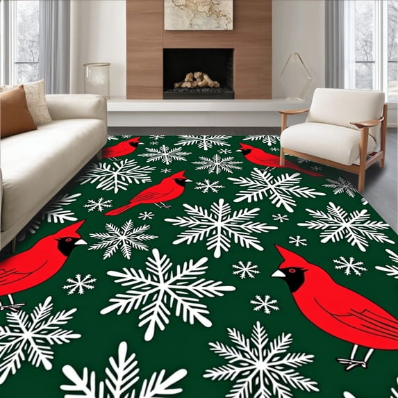 ODIKA 6'x9' Machine Washable Non-Slip Area Rug, Festive Cardinal with Snowflake Accents Holiday Tree Skirt High Traffic Rug with Pad, Green, 740960