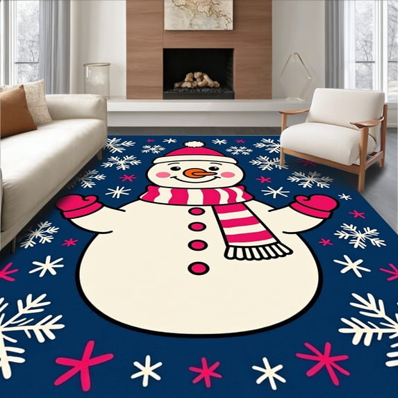 ODIKA 6'x9' Machine Washable Non-Slip Area Rug, Festive Frosty Friend Needlecraft Yarn Project Cushion High Traffic Rug, Blue, 626796