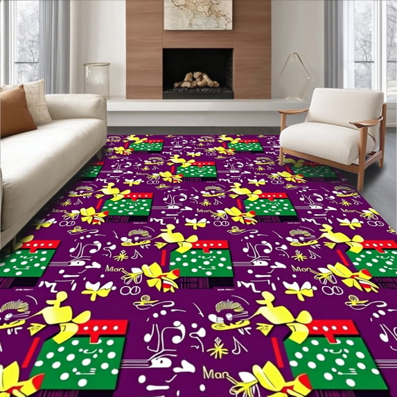 ODIKA 6'x9' Machine Washable Non-Slip Area Rug, Festive Gift Box Door with Ribbon Bow Design Holiday Welcome High Traffic Rug, Purple, 628171