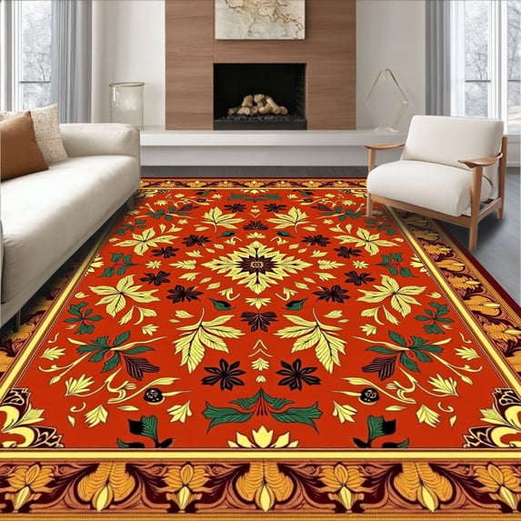 ODIKA 6'x9' Machine Washable Non-Slip Area Rug, Festive Harvest Celebration Tree Backdrop Decorative High Traffic Rug with Pad, Orange, 740600