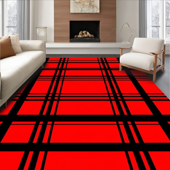 ODIKA 6'x9' Machine Washable Non-Slip Area Rug, Festive Holiday Tartan Plaid Statement Accent High Traffic Rug, Red, 610524