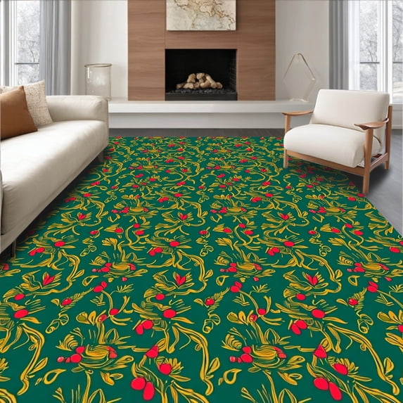 ODIKA 6'x9' Machine Washable Non-Slip Area Rug, Festive Holly Berry Vine Christmas with Traditional Holiday Motif High Traffic Rug, Green, 623138