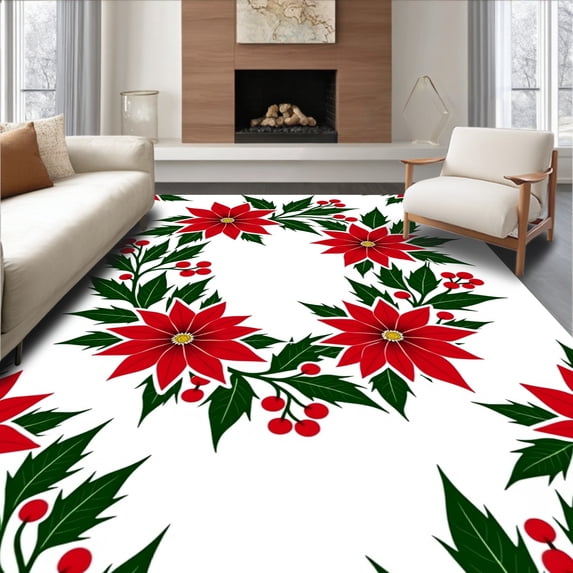 ODIKA 6'x9' Machine Washable Non-Slip Area Rug, Festive Holly Berry Wreath with Poinsettia Blooms High Traffic Rug, Red, 623365