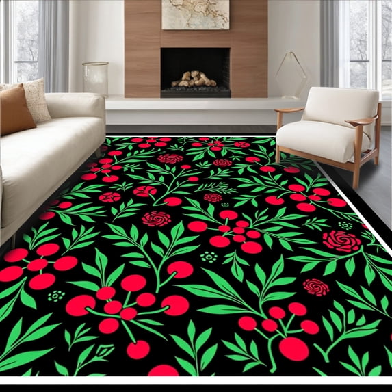 ODIKA 6'x9' Machine Washable Non-Slip Area Rug, Festive Holly Cluster Design with Artistic Pine Needles and Bold Typography High Traffic Rug, Red, 623651