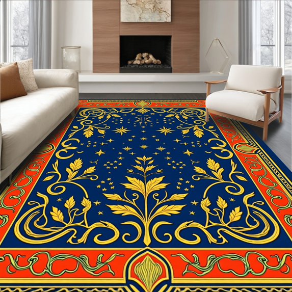 ODIKA 6'x9' Machine Washable Non-Slip Area Rug, Festive Horse Pair Illustration with Starry Night and Baroque Foliage High Traffic Rug with Pad, Blue, 632794