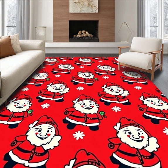 ODIKA 6'x9' Machine Washable Non-Slip Area Rug, Festive Jolly Santa Complete Bathroom Holiday Gift Package High Traffic Rug, Red, 624901