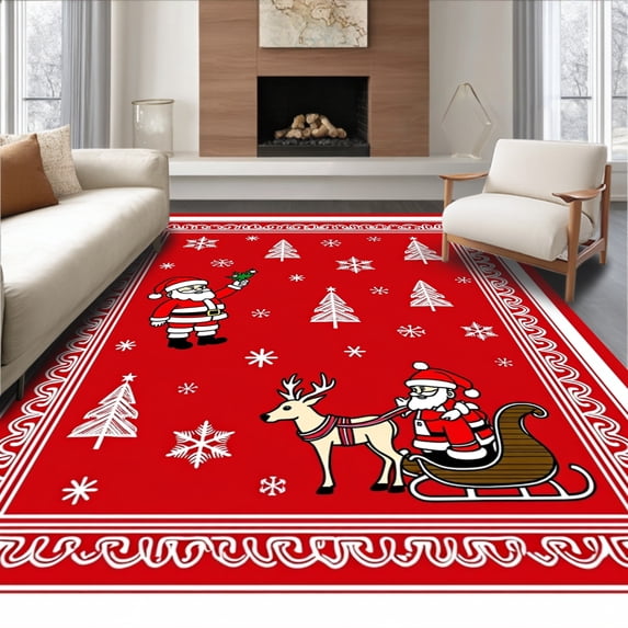 ODIKA 6'x9' Machine Washable Non-Slip Area Rug, Festive Jolly Santa Sleigh Winter Holiday Pathway Decoration High Traffic Rug with Pad, Red, 605907