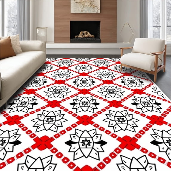 ODIKA 6'x9' Machine Washable Non-Slip Area Rug, Festive Lattice Snow Web with Crimson Holly Berries High Traffic Rug with Pad, Red, 650752