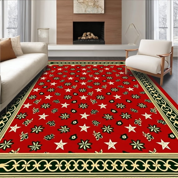 ODIKA 6'x9' Machine Washable Non-Slip Area Rug, Festive Patchwork Tapestry with Classic Holiday Symbols and Ornate Borders High Traffic Rug with Pad, Red, 624611