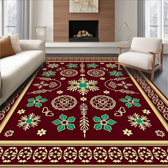 ODIKA 6'x9' Machine Washable Non-Slip Area Rug, Festive Patchwork of Vintage Ornaments and Snowflake Filigree High Traffic Rug, Red, 621784
