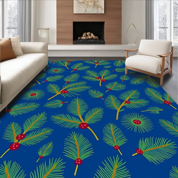 ODIKA 6'x9' Machine Washable Non-Slip Area Rug, Festive Pine Branch Crochet Kit Cushion Holiday Needlework Project High Traffic Rug with Pad, Blue, 731384