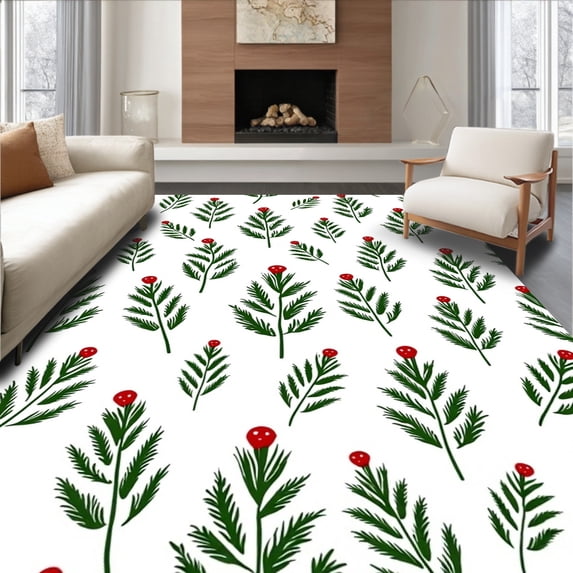 ODIKA 6'x9' Machine Washable Non-Slip Area Rug, Festive Pine Sprigs and Berry Clusters Winter Holiday Duo High Traffic Rug with Pad, Green, 623653