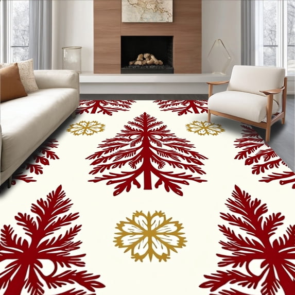 ODIKA 6'x9' Machine Washable Non-Slip Area Rug, Festive Pine Tree Ensemble with Delicate Snowflake Embellishments High Traffic Rug with Pad, Red, 623258