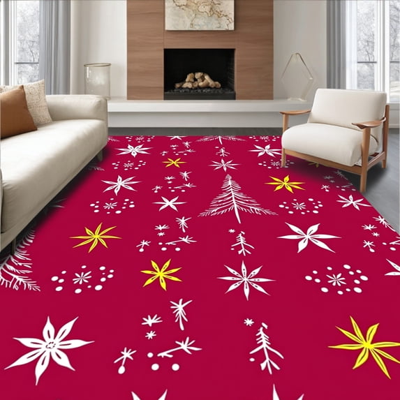 ODIKA 6'x9' Machine Washable Non-Slip Area Rug, Festive Pine Tree Forest with Scattered Starbursts and Winter Blossoms High Traffic Rug, Red, 623234