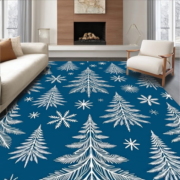 ODIKA 6'x9' Machine Washable Non-Slip Area Rug, Festive Pine Tree Snowflake Anti Slip Bathroom Holiday High Traffic Rug, Blue, 738305