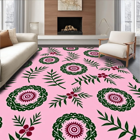 ODIKA 6'x9' Machine Washable Non-Slip Area Rug, Festive Pinecone Wreath Doormat with Holly Berry Accents High Traffic Rug, Pink, 731929