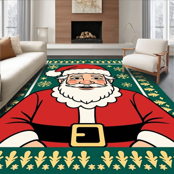ODIKA 6'x9' Machine Washable Non-Slip Area Rug, Festive Santa Claus Portrait Christmas Holiday Decorative High Traffic Rug with Pad, Green, 505524