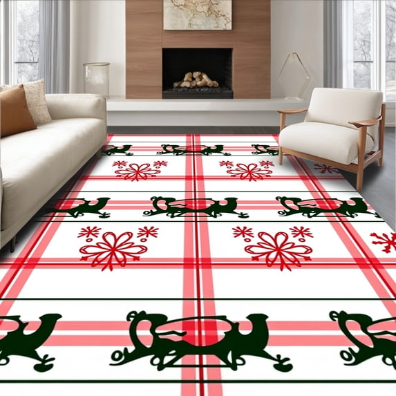 ODIKA 6'x9' Machine Washable Non-Slip Area Rug, Festive Sleigh Winter Wonderland Anti Fatigue Plaid Checkered Design High Traffic Rug with Pad, White, 651832