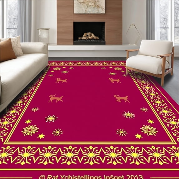ODIKA 6'x9' Machine Washable Non-Slip Area Rug, Festive Snowfall with Silhouetted Deer and Twinkling Starbursts High Traffic Rug, Red, 623254