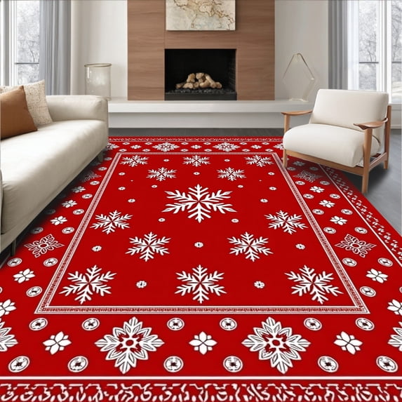 ODIKA 6'x9' Machine Washable Non-Slip Area Rug, Festive Snowflake Holiday Celebration Magical Winter Enchanted High Traffic Rug with Pad, Red, 507048