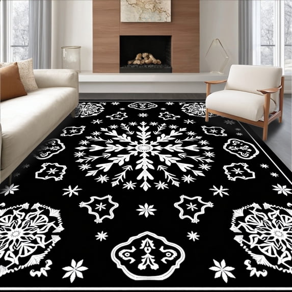 ODIKA 6'x9' Machine Washable Non-Slip Area Rug, Festive Snowflake Latch Hook Pillow Kit with Crochet Yarn Needlework High Traffic Rug with Pad, Black, 743785