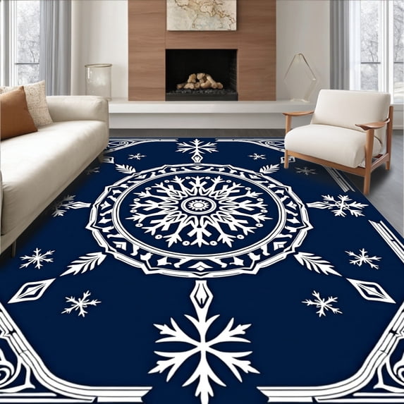 ODIKA 6'x9' Machine Washable Non-Slip Area Rug, Festive Snowflake Latch Hook Pillow Kit with Printed Canvas High Traffic Rug with Pad, Blue, 650762