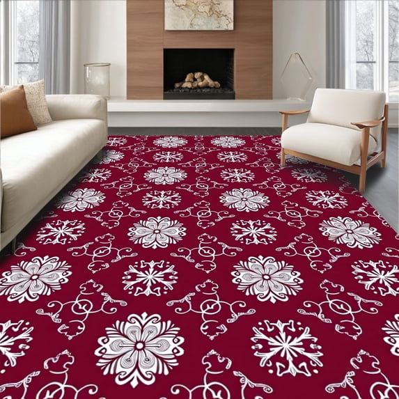 ODIKA 6'x9' Machine Washable Non-Slip Area Rug, Festive Snowflake Medallion Holiday Inspired Interlocking Motifs High Traffic Rug, Red, 614275