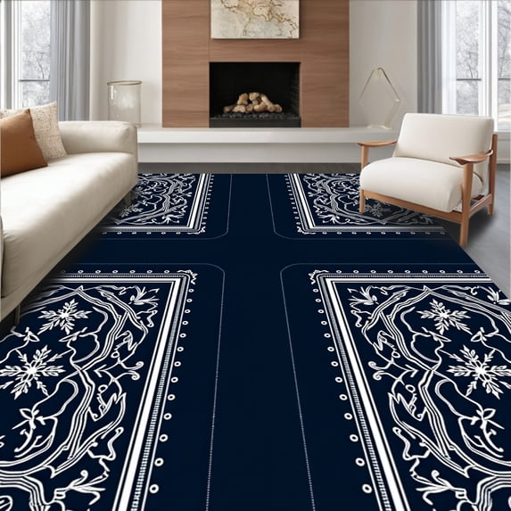 ODIKA 6'x9' Machine Washable Non-Slip Area Rug, Festive Snowflake Non Slip Holiday Winter Floor High Traffic Rug with Pad, Blue, 629517