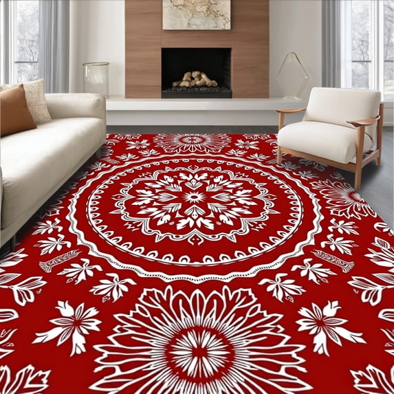 ODIKA 6'x9' Machine Washable Non-Slip Area Rug, Festive Snowflake Swirl Holiday Decorative Throw Modern Accent High Traffic Rug with Pad, Red, 605572