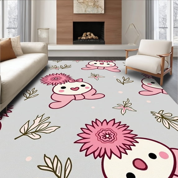 ODIKA 6'x9' Machine Washable Non-Slip Area Rug, Festive Snowman Bath With Vintage Holiday Floral High Traffic Rug with Pad, Gray, 628367