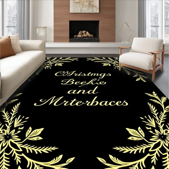 ODIKA 6'x9' Machine Washable Non-Slip Area Rug, Festive with Stylized Holly and Miniature Pine Needle Sprays High Traffic Rug with Pad, Black, 733385