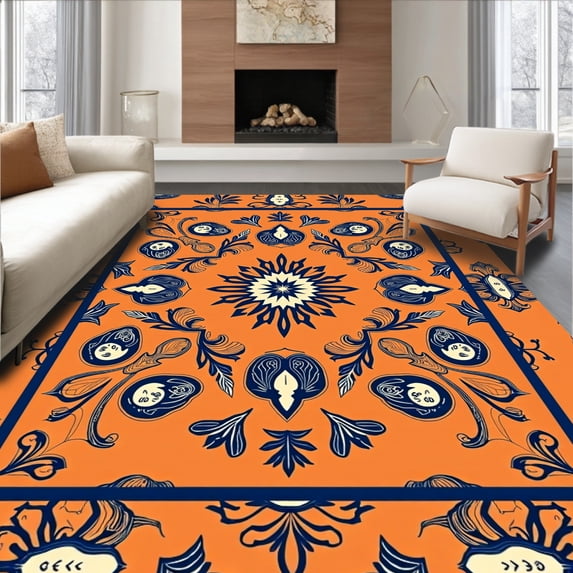 ODIKA 6'x9' Machine Washable Non-Slip Area Rug, Floral Distressed with Ornamental Leaf Filigree High Traffic Rug, Orange, 572966