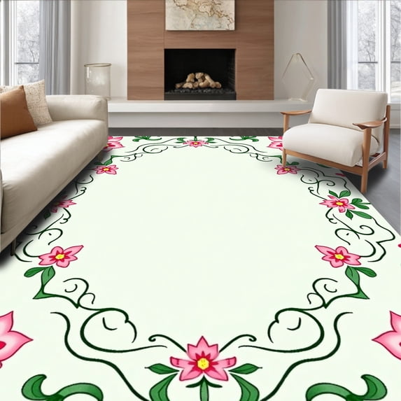 ODIKA 6'x9' Machine Washable Non-Slip Area Rug, Vintage Garden Scrollwork with Delicate Blooming Floral Arrangement High Traffic Rug with Pad, Pink, 577500