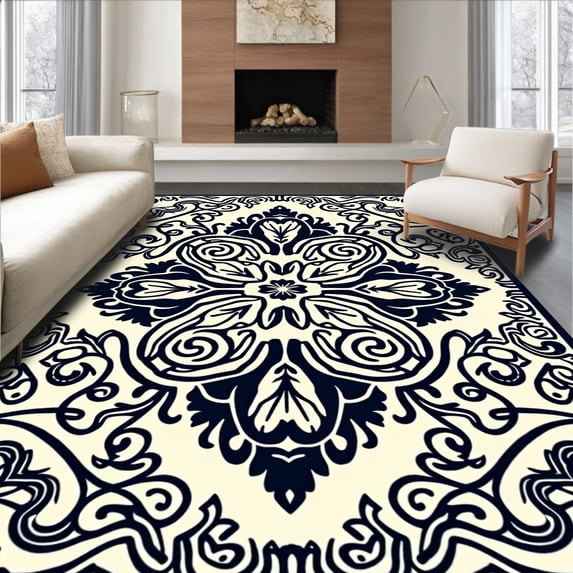 ODIKA 6'x9' Machine Washable Non-Slip Area Rug, Floral Swirl Scroll Artisan Crafted Decorative High Traffic Rug with Pad, Black, 592420