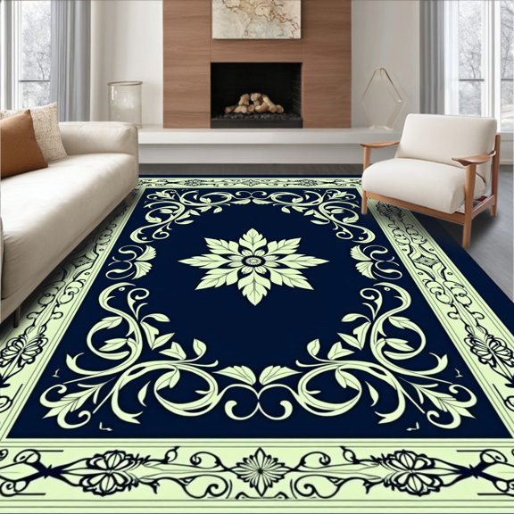 ODIKA 6x9 Machine Washable Non-Slip Area Rug, Floral Vine Scroll with Botanical Leaf Arrangements High Traffic Rug, Blue, 454511