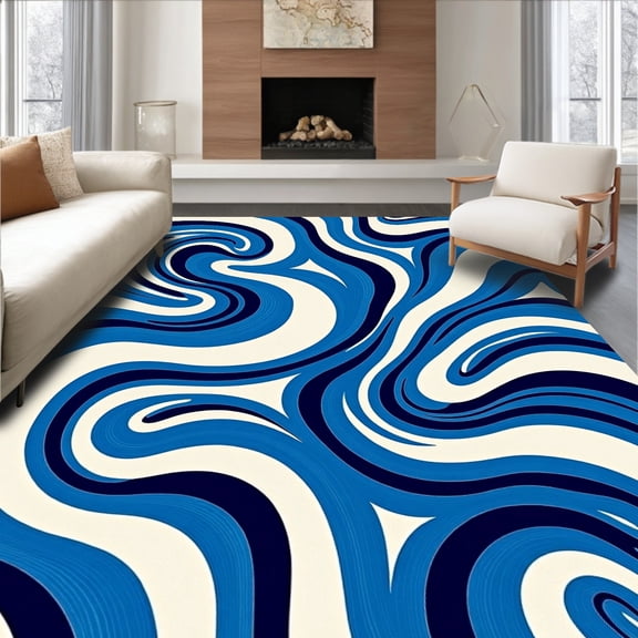 ODIKA 6'x9' Machine Washable Non-Slip Area Rug, Flowing Wave Abstract Contemporary High Traffic Rug, Blue, 487578