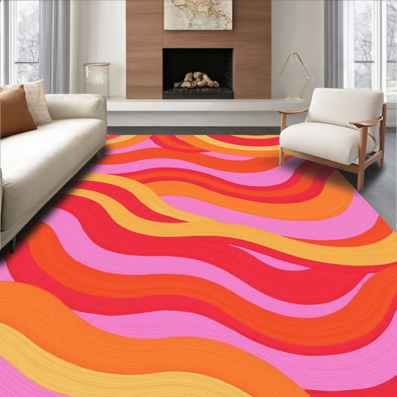 ODIKA 6'x9' Machine Washable Non-Slip Area Rug, Flowing Wave Artistic Contemporary Design High Traffic Rug, Pink, 664381