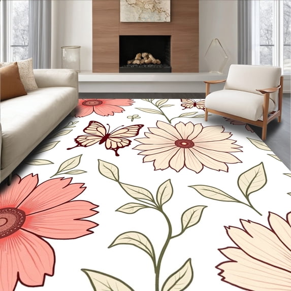 ODIKA 6'x9' Machine Washable Non-Slip Area Rug, Flutterbug Garden Motif High Traffic Rug, Pink, 354080