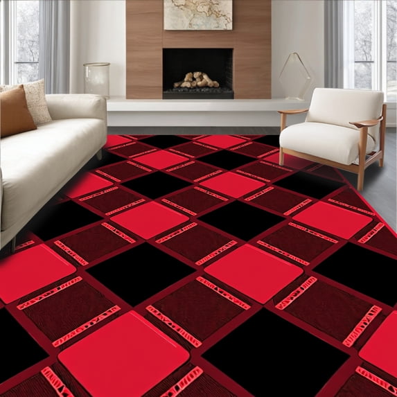ODIKA 6'x9' Machine Washable Non-Slip Area Rug, Frontier Plaid Hearth Woodland November Arrangement High Traffic Rug with Pad, Red, 610454