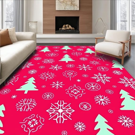 ODIKA 6'x9' Machine Washable Non-Slip Area Rug, Frosted Evergreen with Delicate Snow Flurry Motifs High Traffic Rug with Pad, Red, 611499