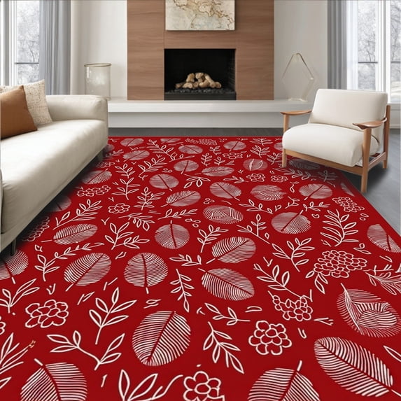 ODIKA 6'x9' Machine Washable Non-Slip Area Rug, Frosted Pinecone Mosaic with Delicate Winter Berry Details High Traffic Rug with Pad, Red, 742263