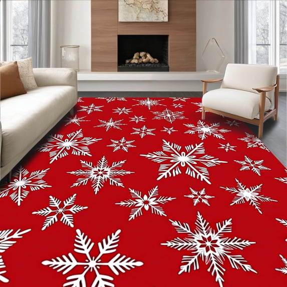 ODIKA 6'x9' Machine Washable Non-Slip Area Rug, Frosty Dreams Enchanting Seasonal Hearth Adornment High Traffic Rug with Pad, Red, 502122